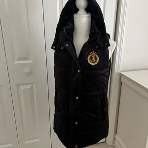 Lauren Ralph Lauren Black Hooded Puffer Vest with Embroidered Crest. NWOT